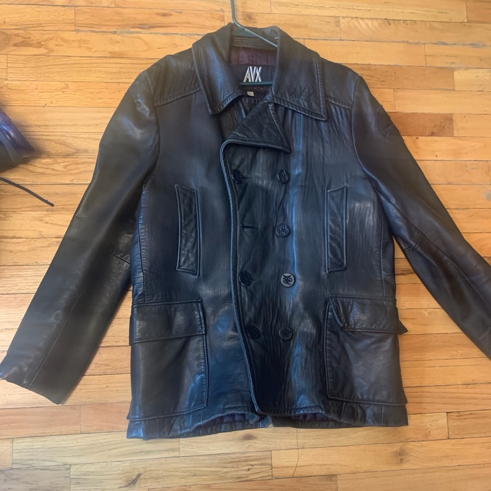 90s Vintage leather Navy Coat